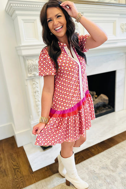 Orange Geometric Print Button Front Ruffle Hem Mini Dress