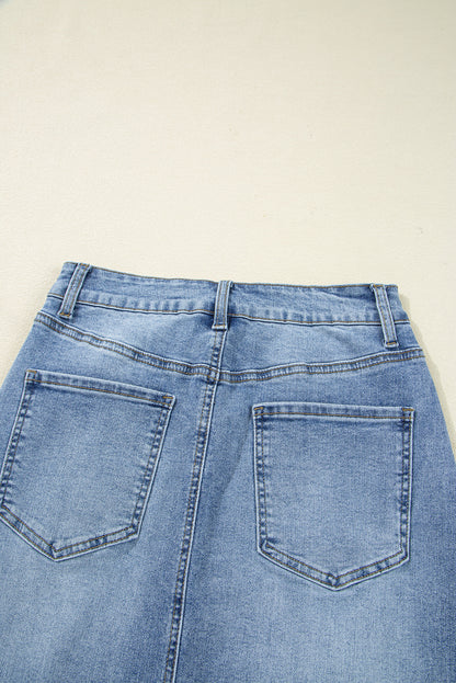 Distressed High Waist Asymmetrical Denim Midi Skirt