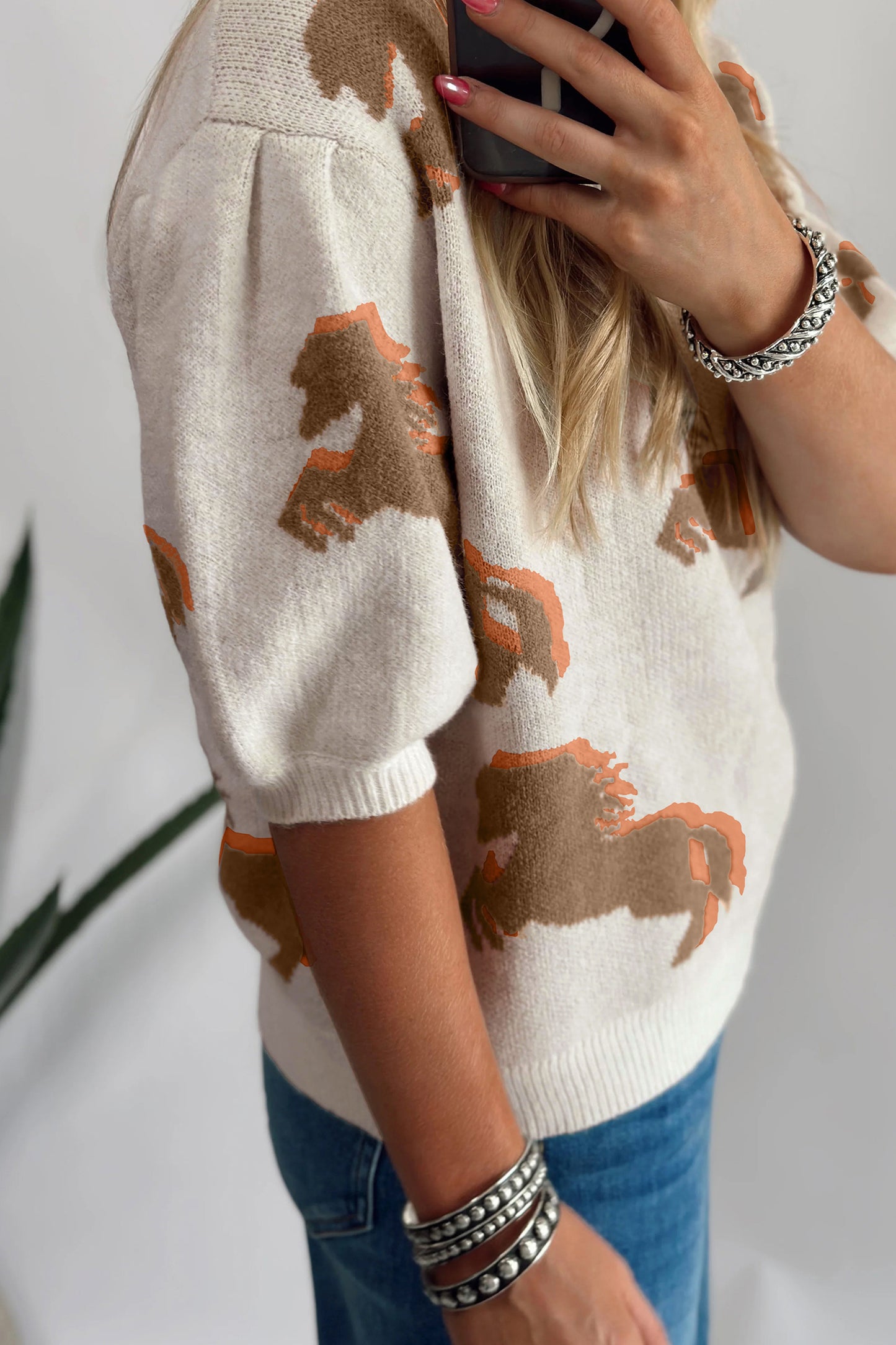 Western Horse Print Puff Sleeve Knit Sweater Top