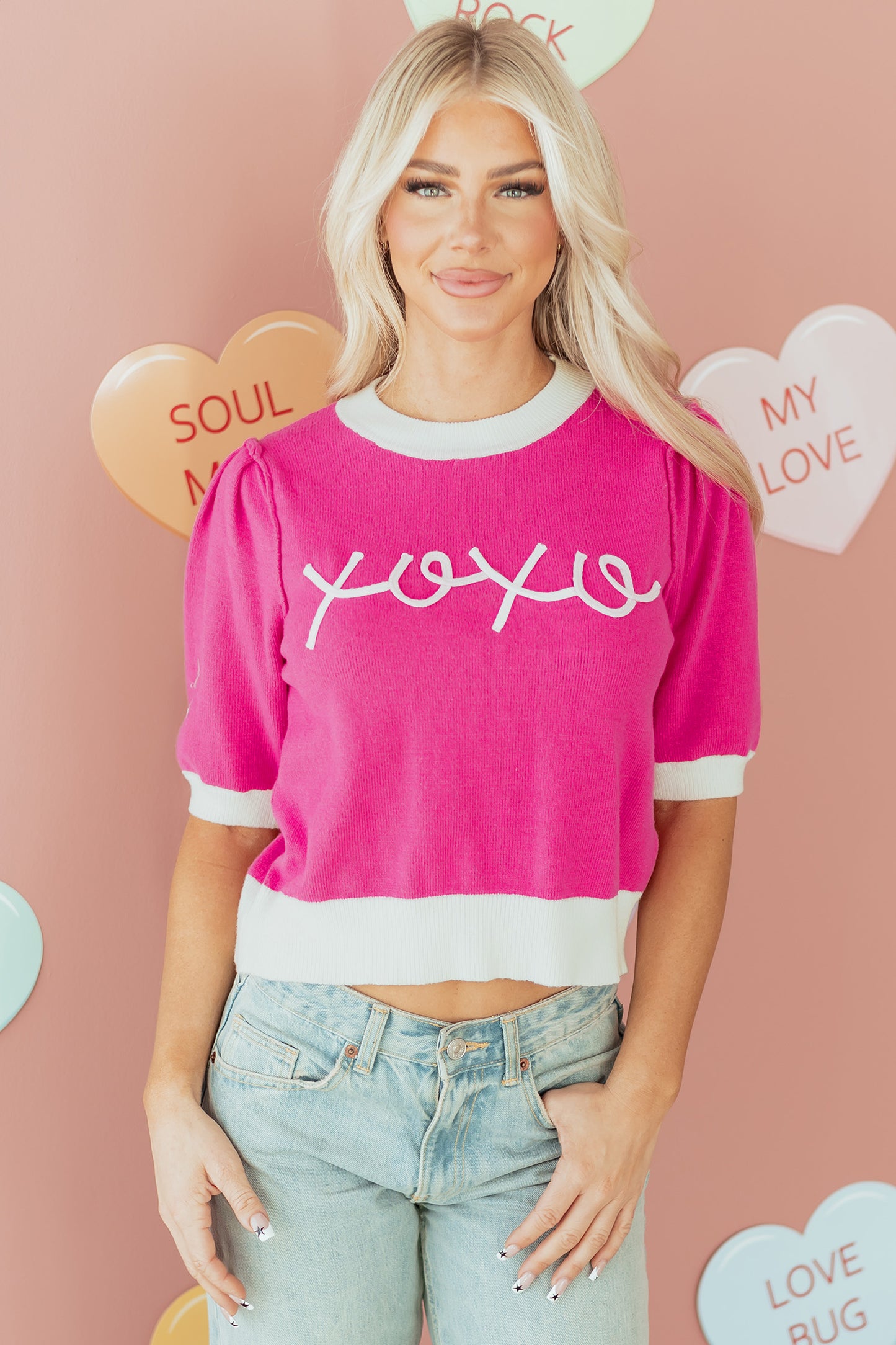 Bright Pink XOXO Puff Sleeve Contrast Knit Valentine Sweater Top