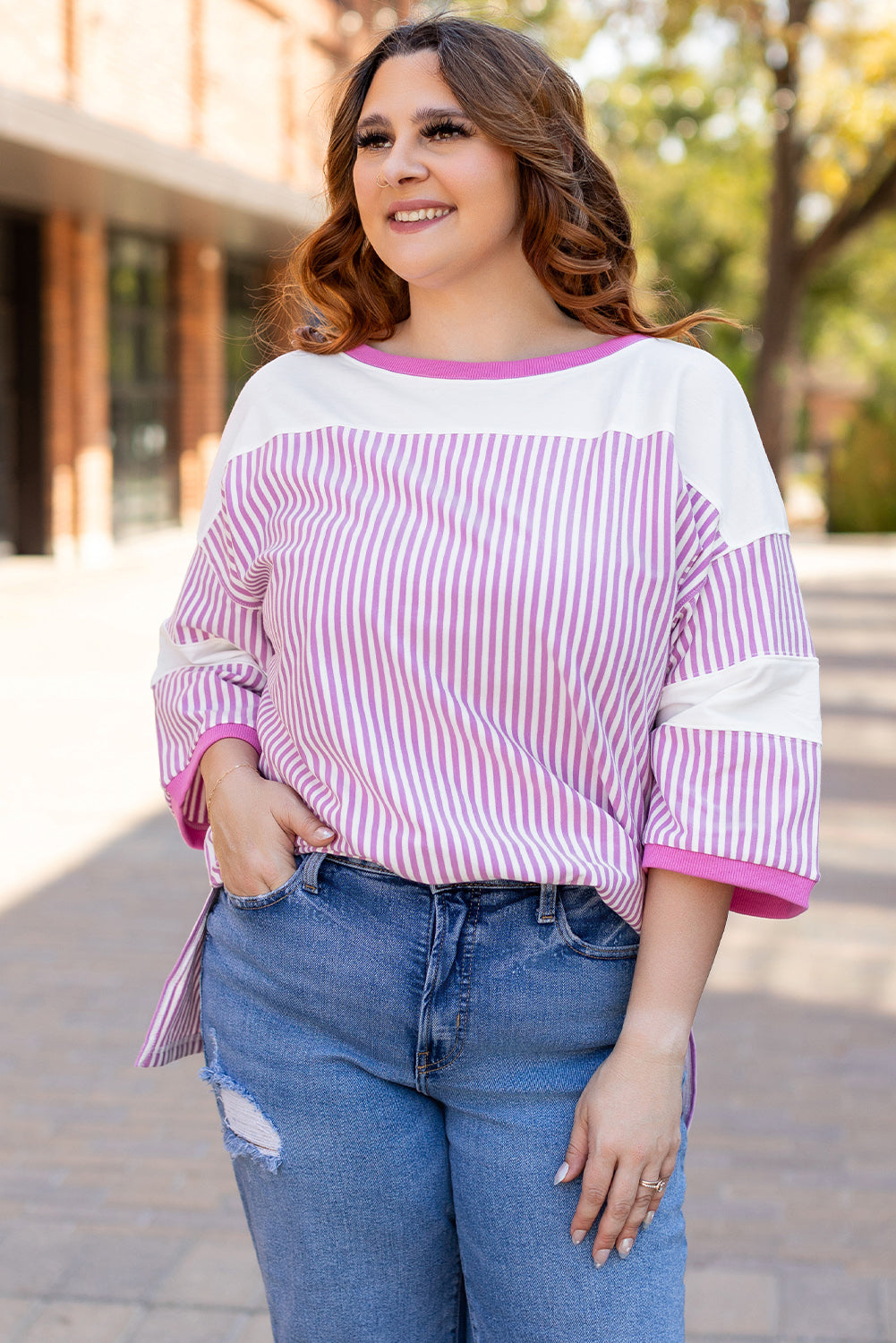 Pink Stripe Patchwork Bracelet Sleeve Plus Size T Shirt