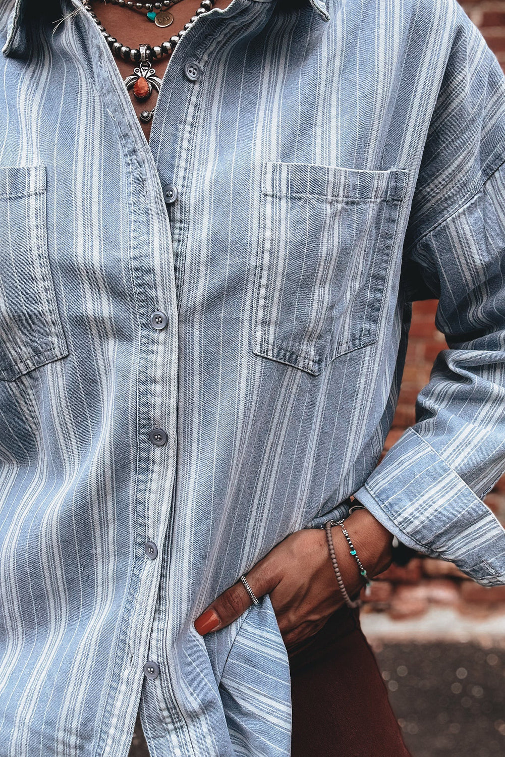 Striped Denim Shacket for Women Button Down Shirt Jacket