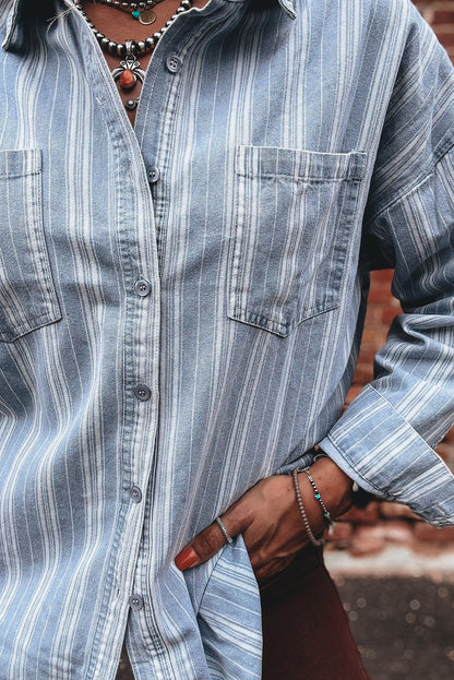 Striped Denim Shacket for Women Button Down Shirt Jacket