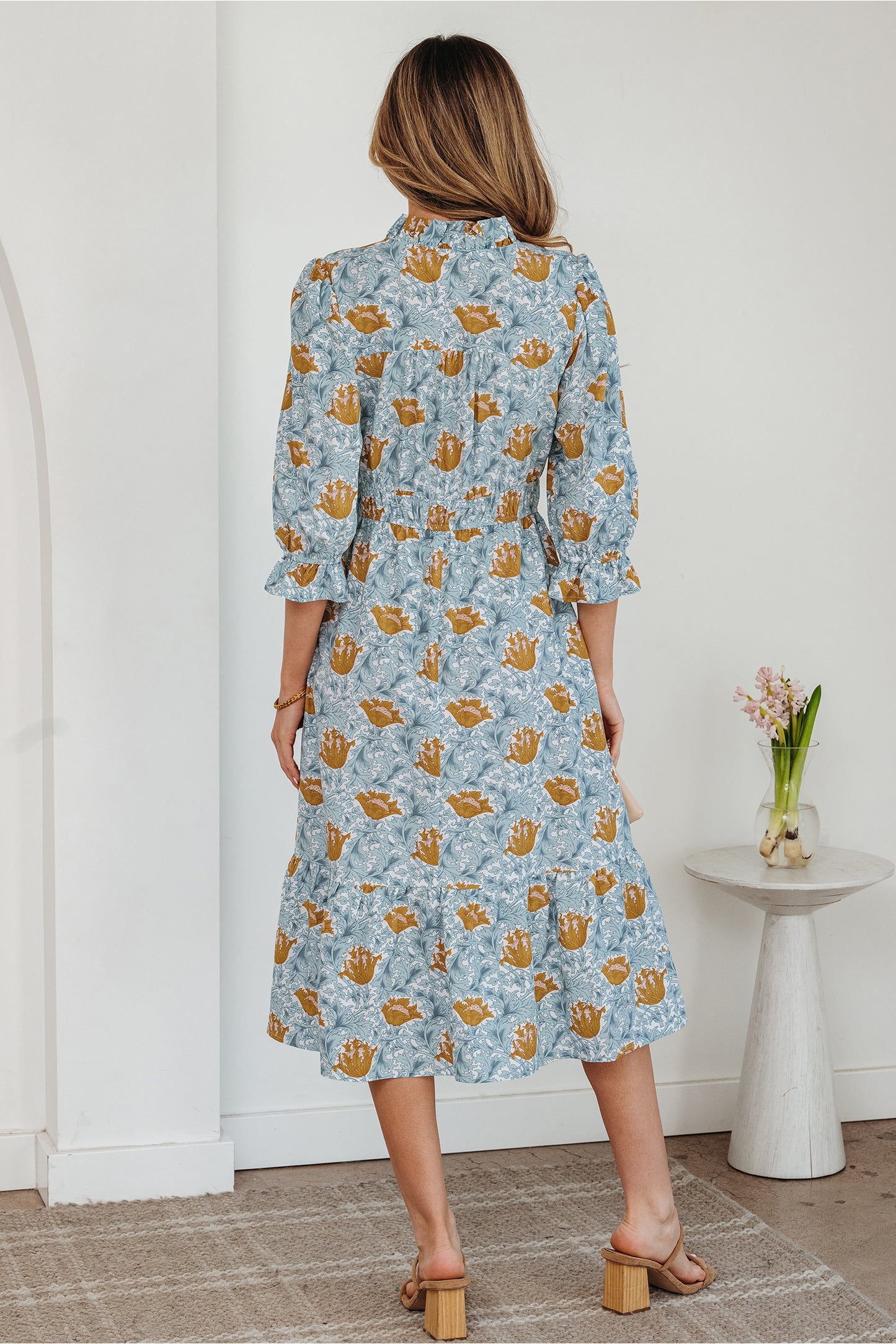 Floral V Neck Midi Dress Women Casual Boho Dress