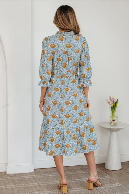 Floral V Neck Midi Dress Women Casual Boho Dress