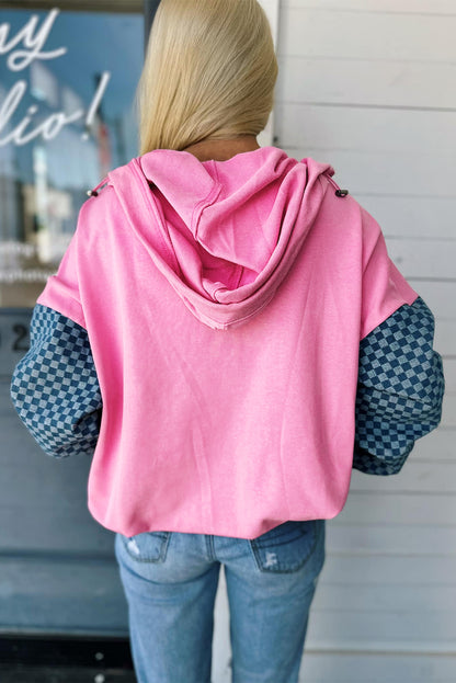 Bonbon Checkered Patchwork Half Zip Hoodie with Pocket