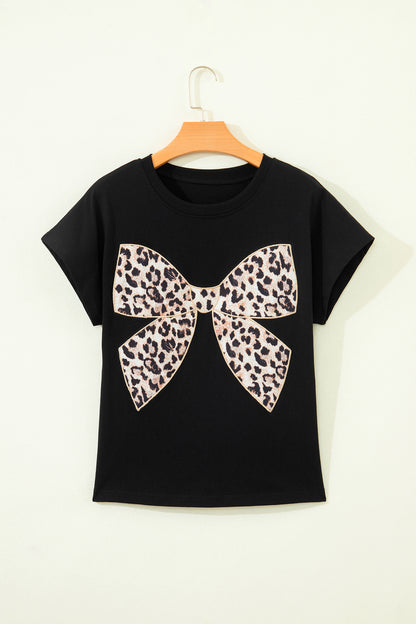 White Leopard Bow Embroidered Cotton Round Neck T Shirt