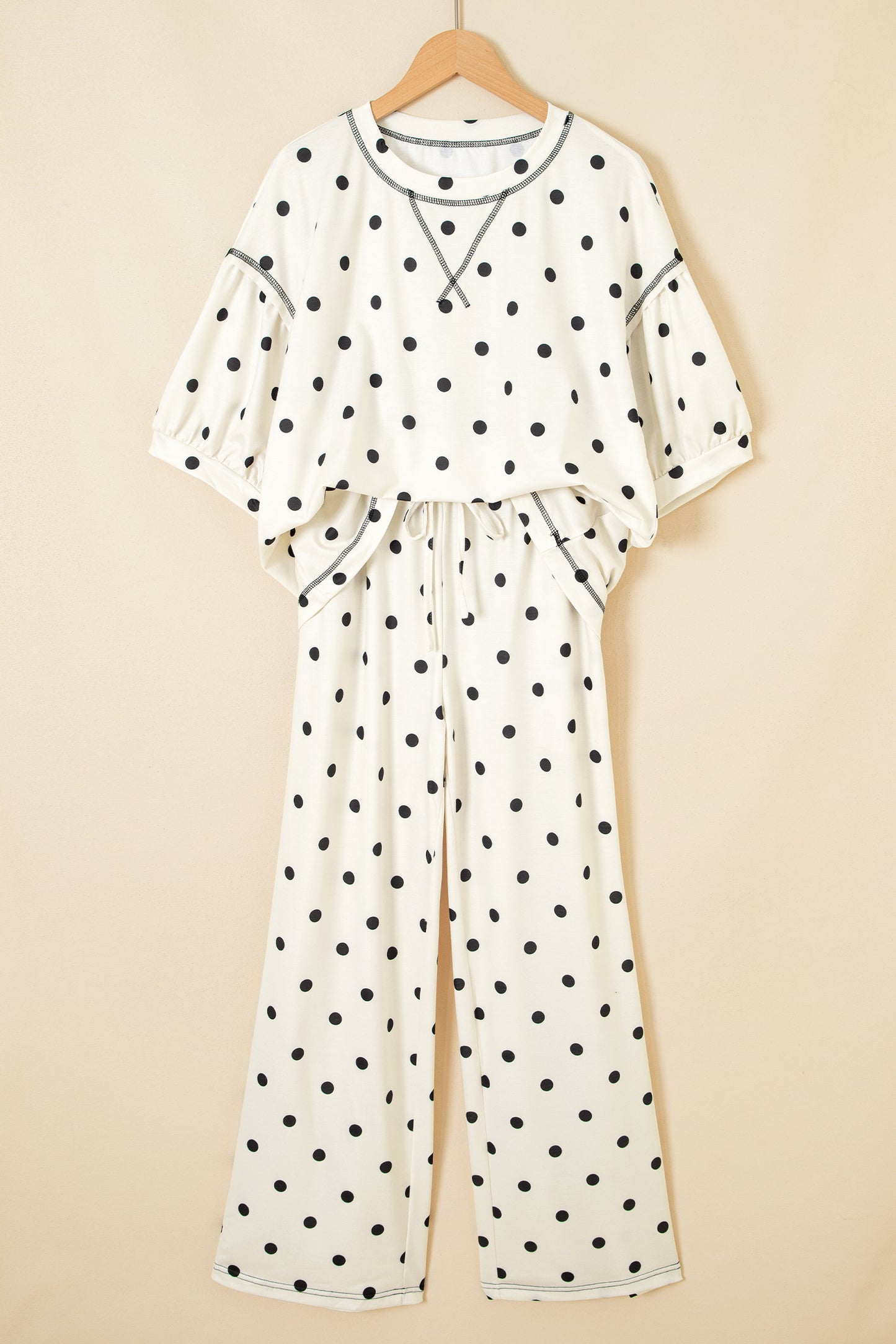 Polka Dot Puff Sleeve Wide Leg Two Piece Pants Set