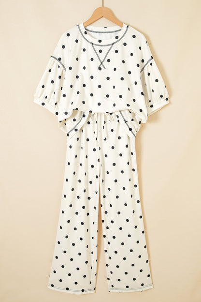 Polka Dot Puff Sleeve Wide Leg Two Piece Pants Set