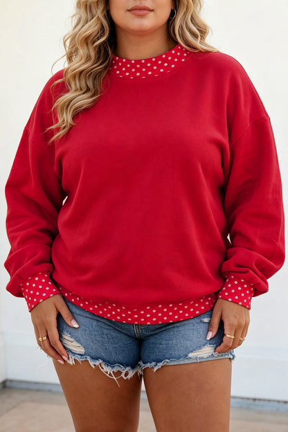 Polka Dot Trim Plus Size Crew Neck Tunic Sweatshirt