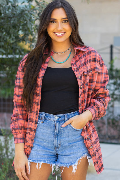 Plaid Long Sleeeve Side Split Distressed Hem Shirt