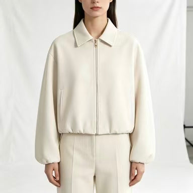 Women's Cropped Zip Polo Collar Jacket Balloon Sleeve