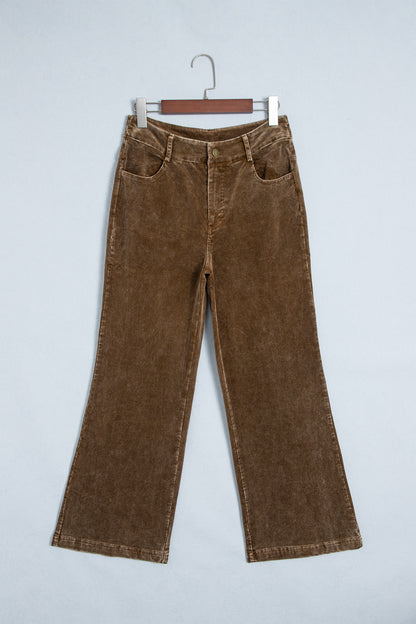 Camel Straight Leg Corduroy Metal Button Zip-up Pants