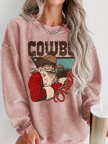 Cowboy Christmas Santa Graphic Corded Knit Sweatshirt