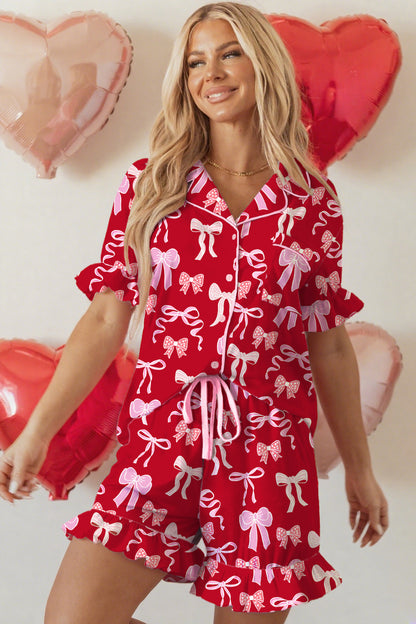Valentine Red Bow Print Ruffle Pajama Shorts Set for Women