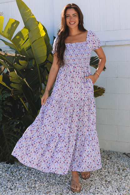 Purple Floral Off Shoulder Smocked Maxi Dress