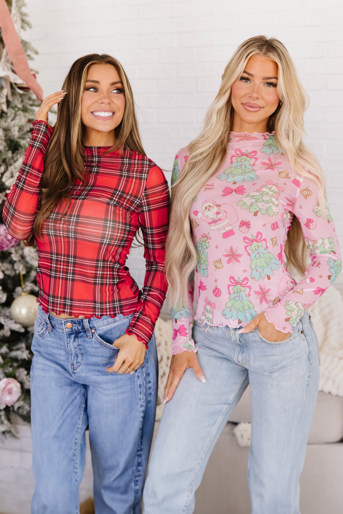 Pink Christmas Print Mock Neck Mesh Long Sleeve Top