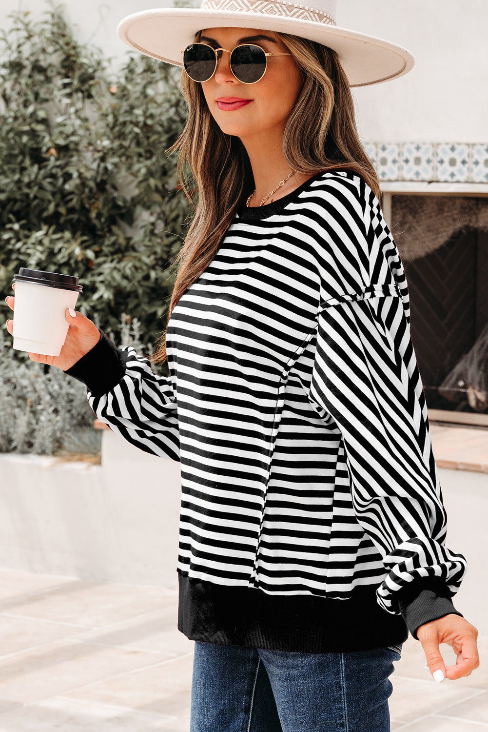 Red Stripe Oversized Pullover Exposed Seam Long Sleeve Top