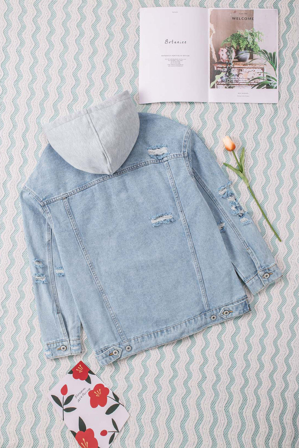 Sky Blue Button Closure Ripped Hooded Denim Jacket