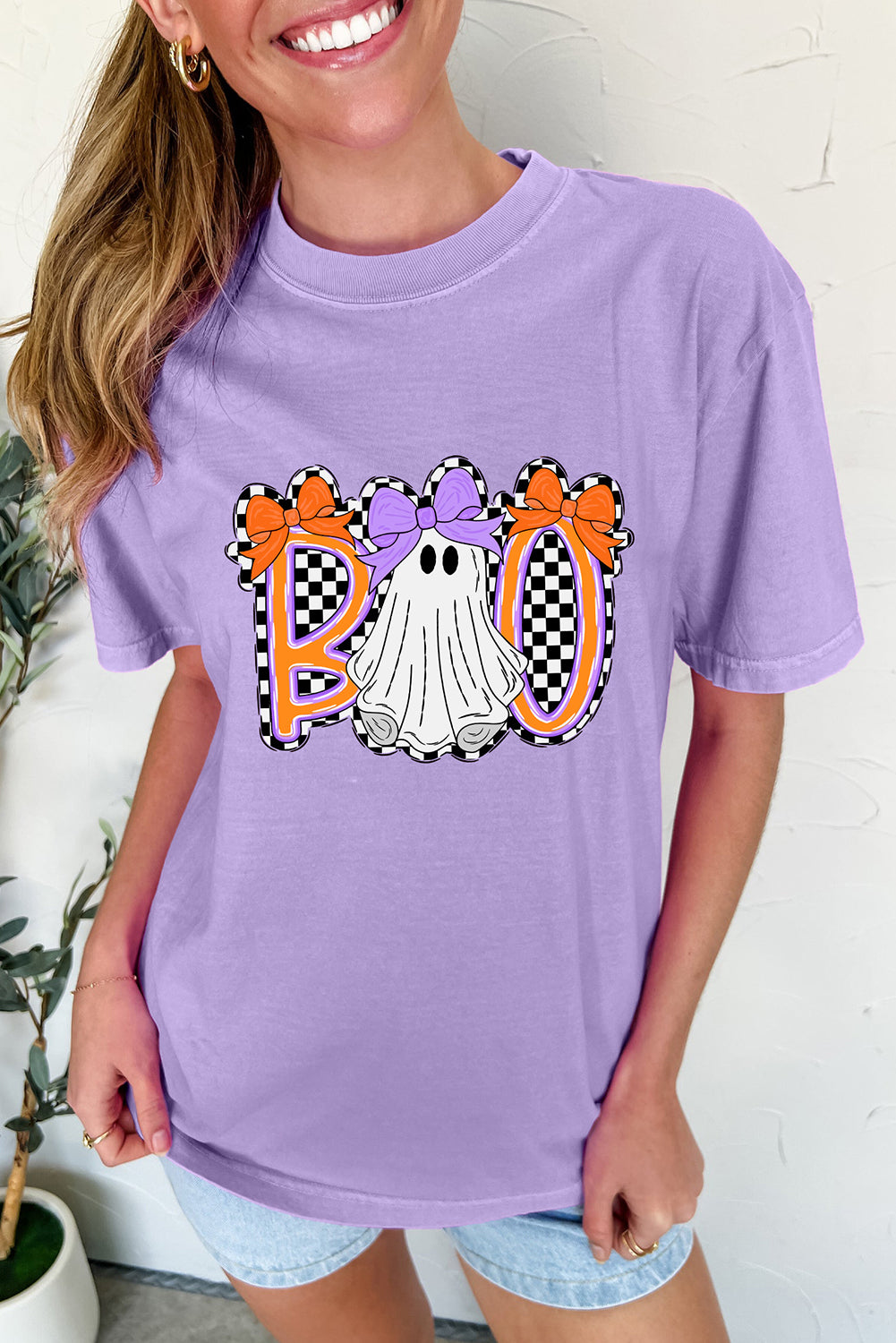Purple Boo Ghost Halloween Graphic Tee with Bow Design