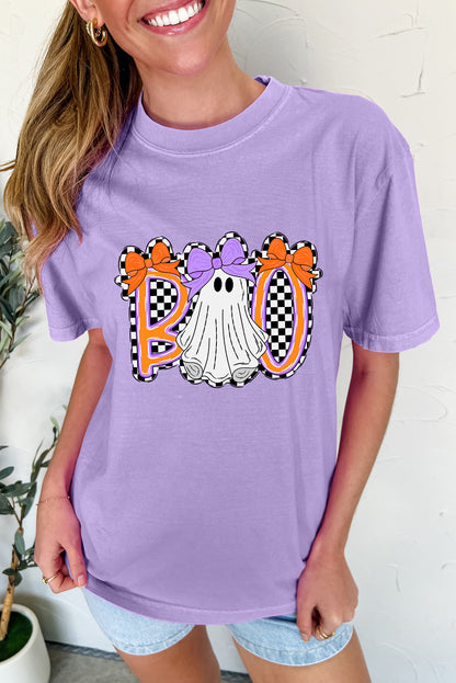 Purple Boo Ghost Halloween Graphic Tee with Bow Design