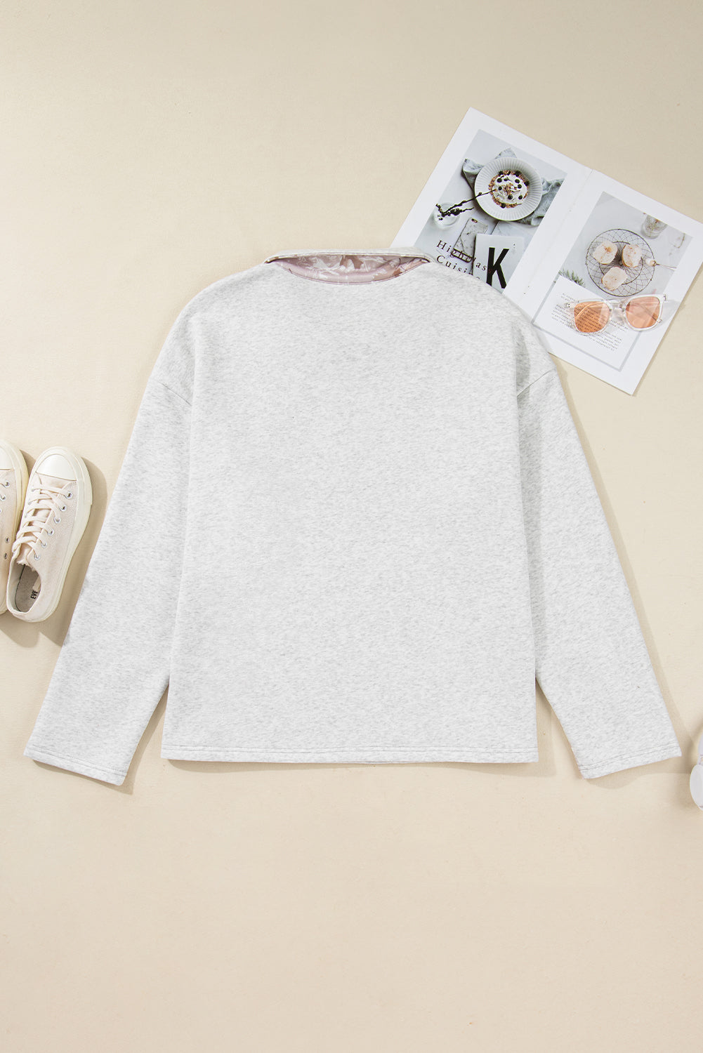 Plus Size Gray Half Zip Sweatshirt with Camo Leaf Patchwork