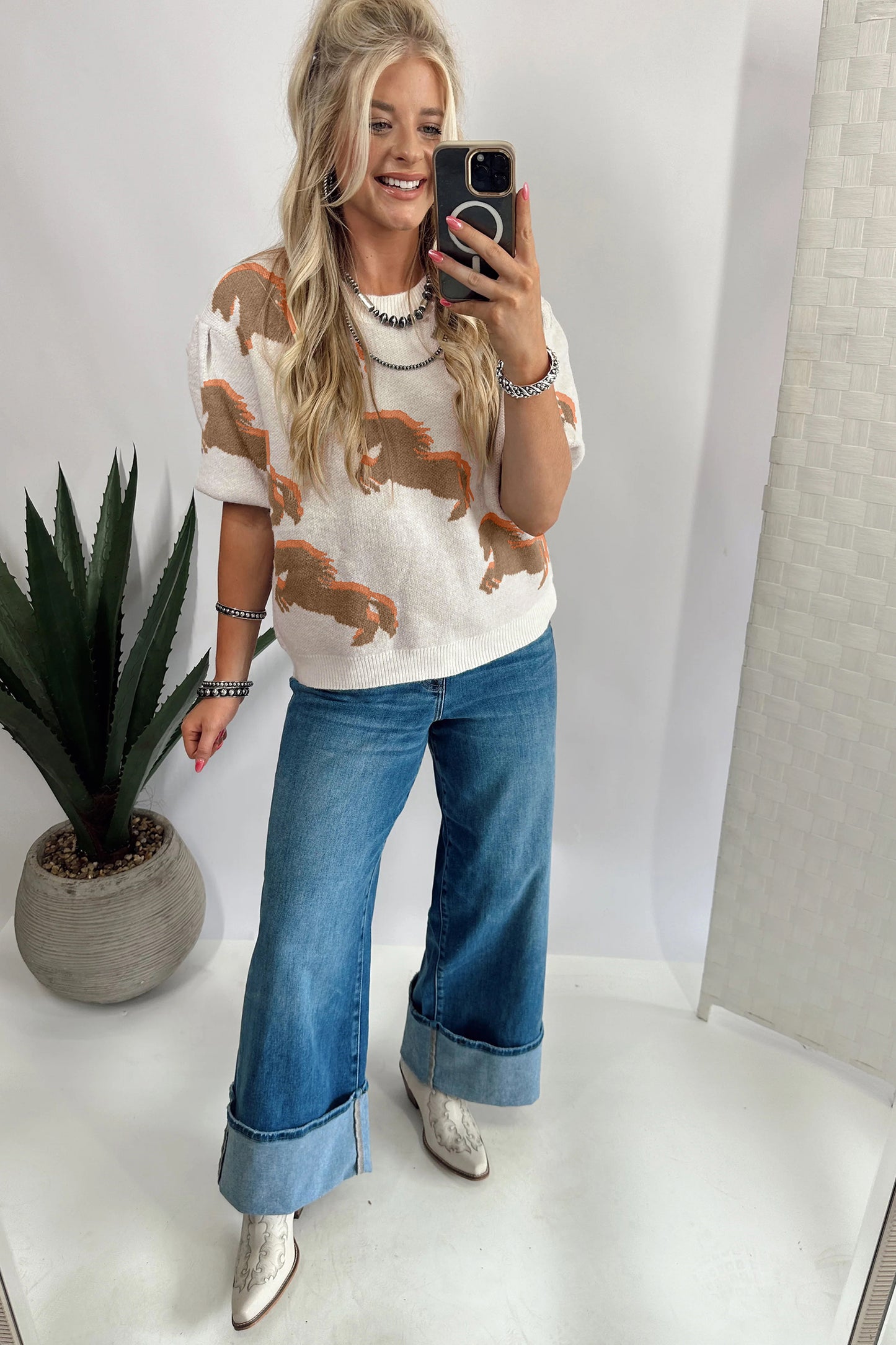 Western Horse Print Puff Sleeve Knit Sweater Top