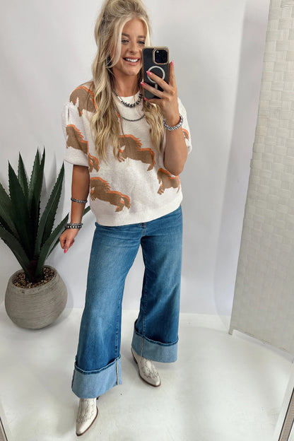 Western Horse Print Puff Sleeve Knit Sweater Top