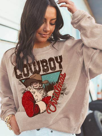 Cowboy Christmas Santa Ribbed Corduroy Oversized Sweatshirt