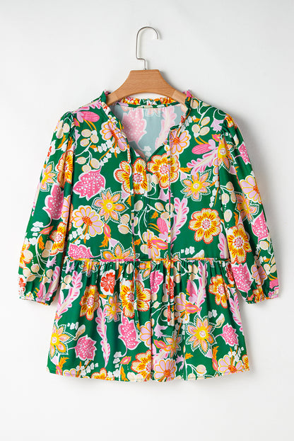 Green Floral Puff Sleeve V Neck Peplum Blouse