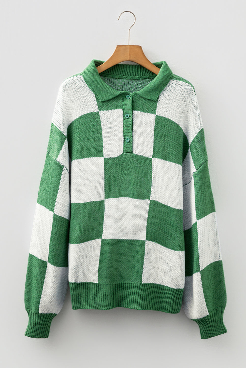 Checkered Polo Collar Loose Knit Sweater