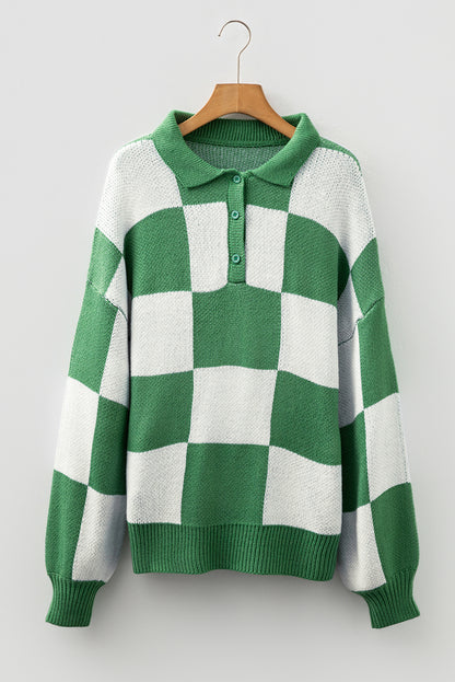 Checkered Polo Collar Loose Knit Sweater