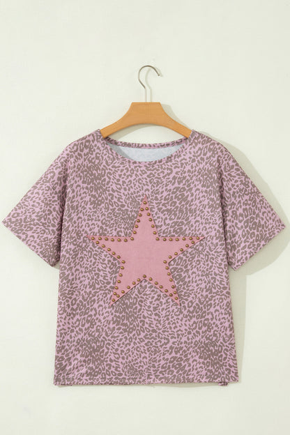 Leopard Star Patch Studded Oversized Western Graphic Tee