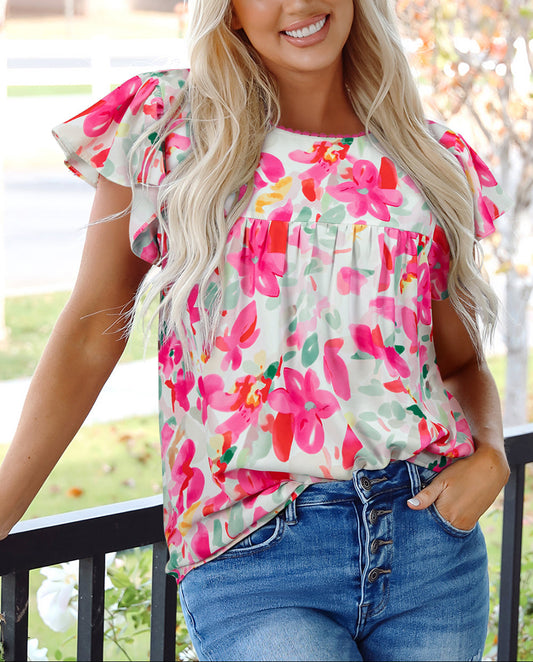Rose Floral Flutter Sleeve Round Neck Casual Blouse