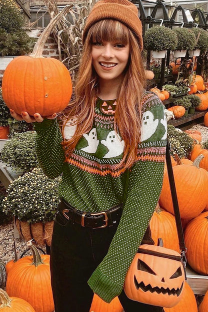 Jungle Green Halloween Ghost Pattern Drop Shoulder Sweater