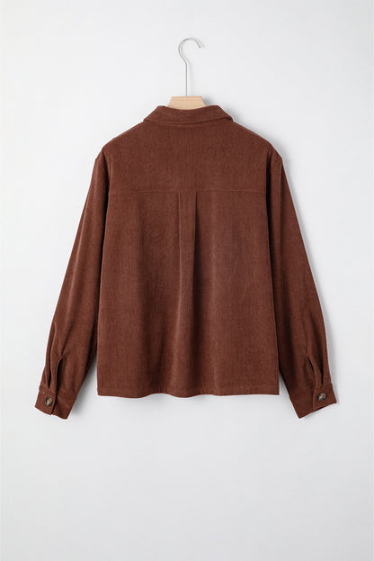 Coffee Corduroy Floral Embroidered Button Front Jacket