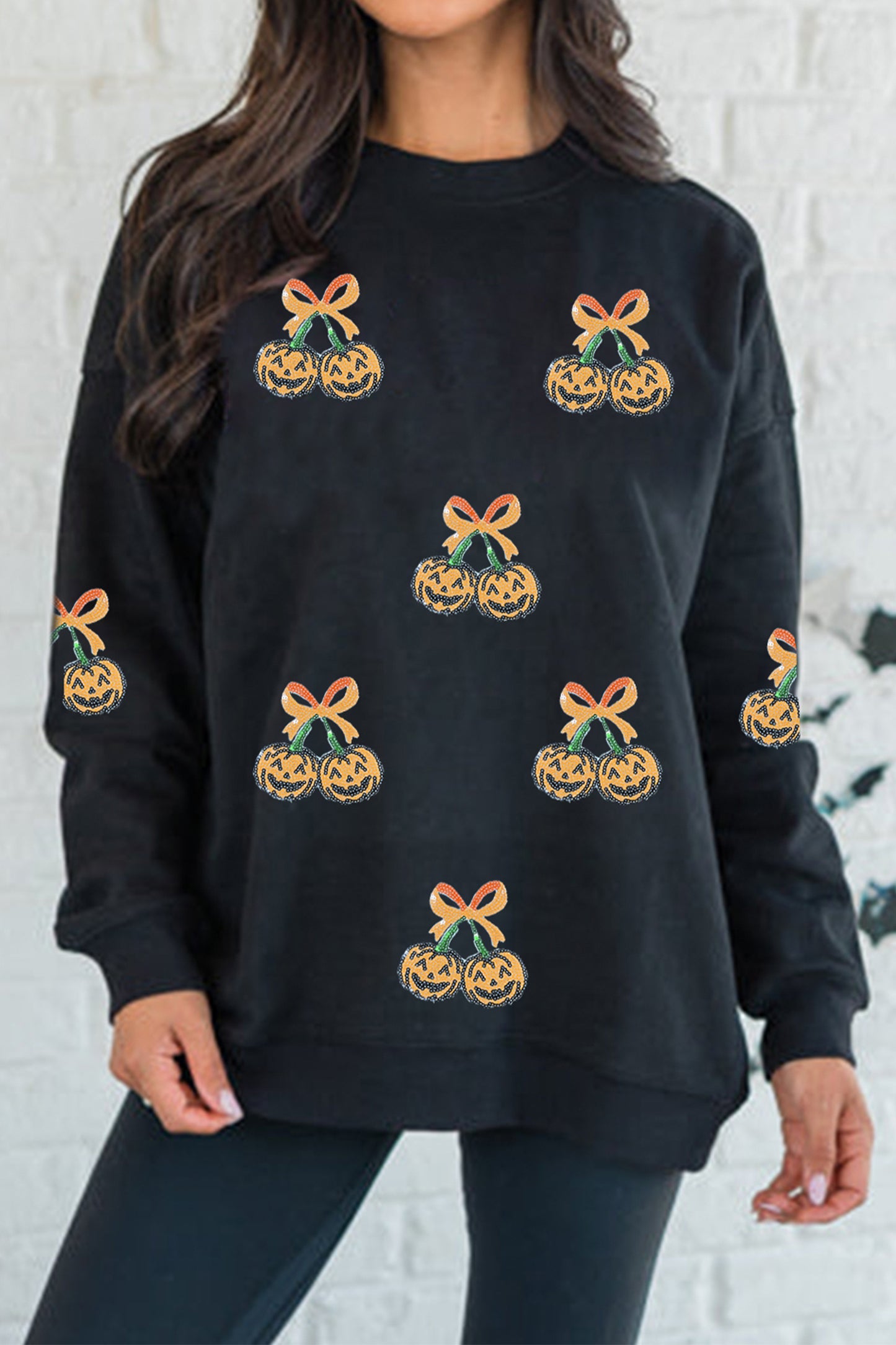 Sequin Pumpkin Bow Halloween Oversized Sweatshirt