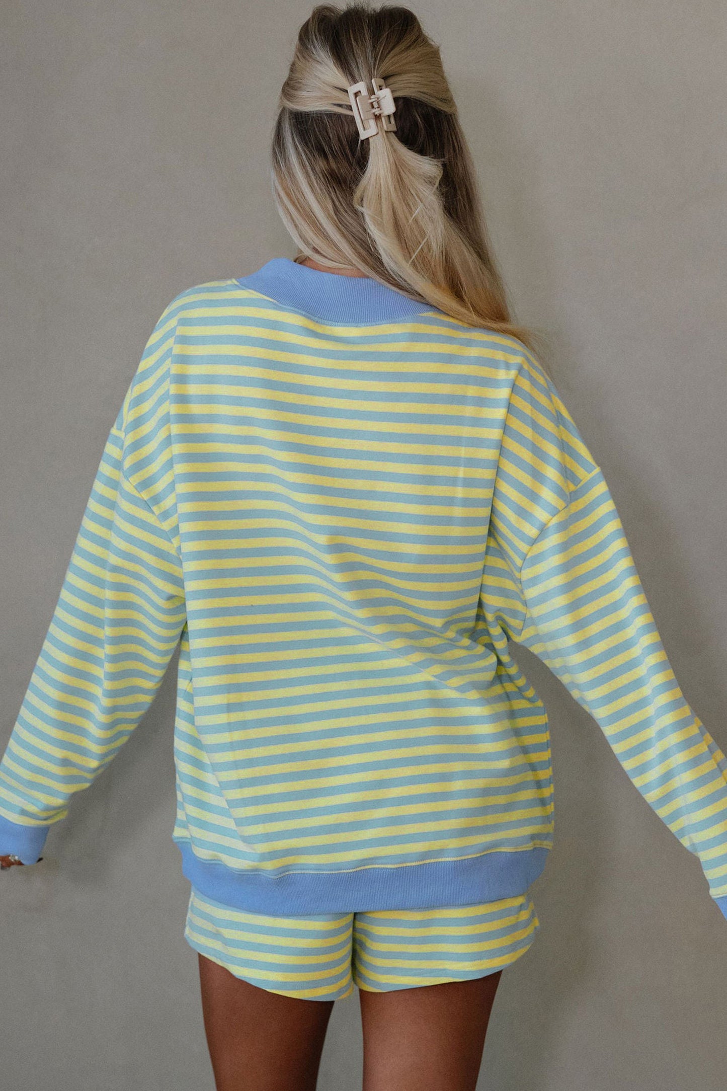 Striped Long Sleeve Pullover and Shorts Lounge Set