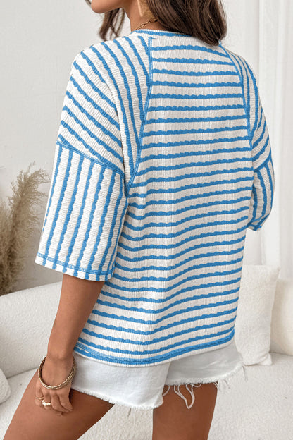 Apricot Stripe Textured Loose Fit Short Sleeve Top