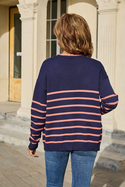 Striped Tie-Front Cardigan – Loose Fit Contrast Knit Top
