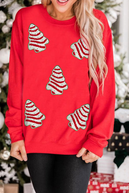 Red Christmas Tree Patch Graphic Drop Shoulder Sweatshirt