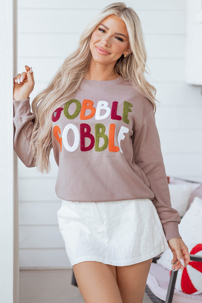 Khaki Gobble Gobble Chenille Letter Thanksgiving Sweatshirt