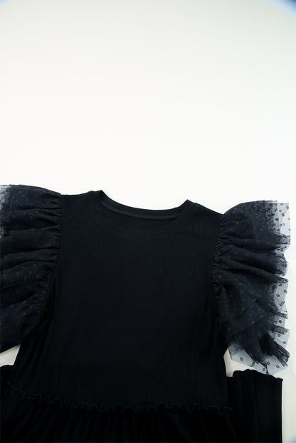 Ruffle Mesh Sleeve Babydoll Mini Dress Ribbed Knit