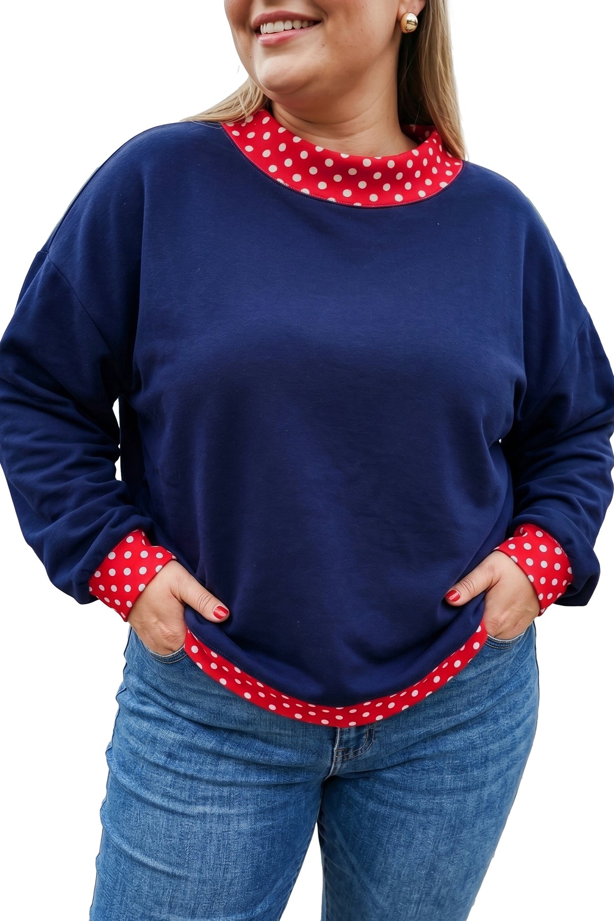 Polka Dot Trim Plus Size Crew Neck Tunic Sweatshirt