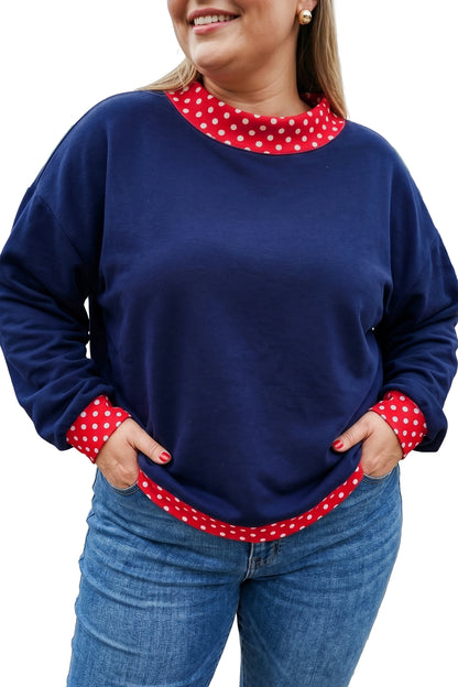 Polka Dot Trim Plus Size Crew Neck Tunic Sweatshirt