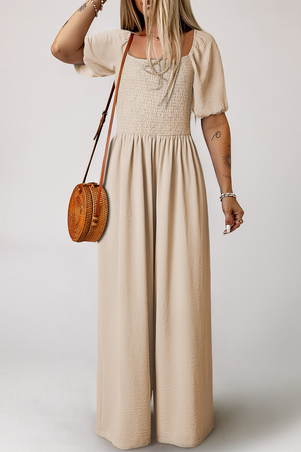 Smocked Wide Leg Jumpsuit Square Neck Boho Romper