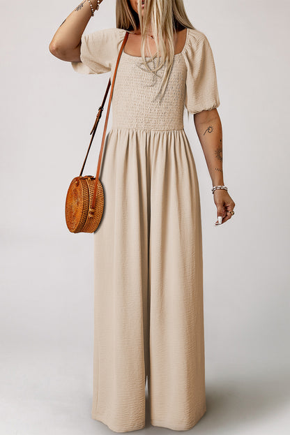 Smocked Wide Leg Jumpsuit Square Neck Boho Romper