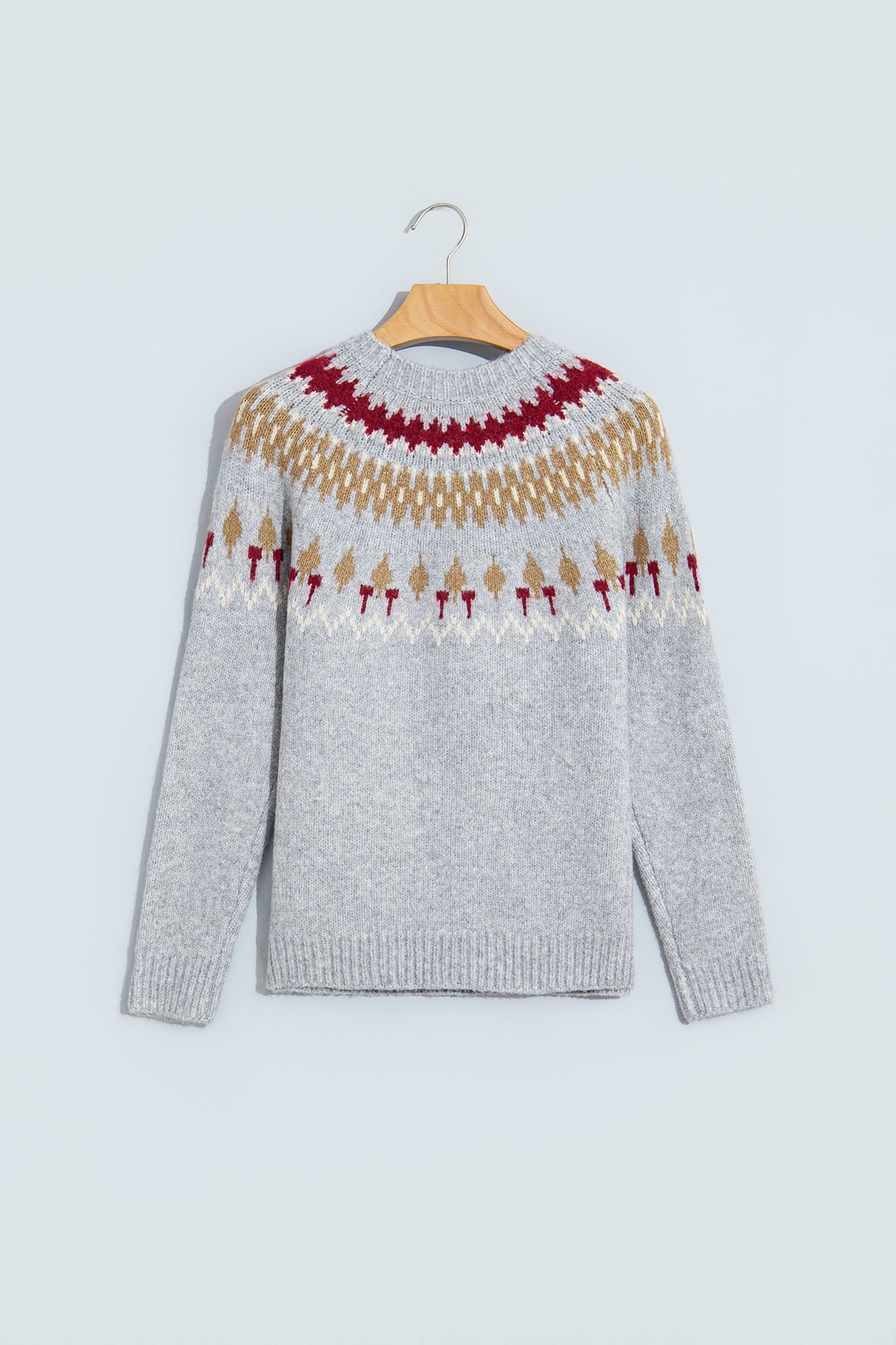 Gray Geometric Detail Round Neck Winter Sweater