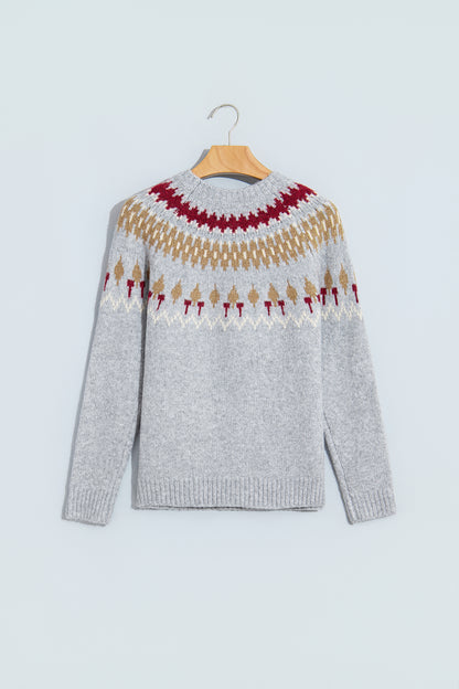 Gray Geometric Detail Round Neck Winter Sweater
