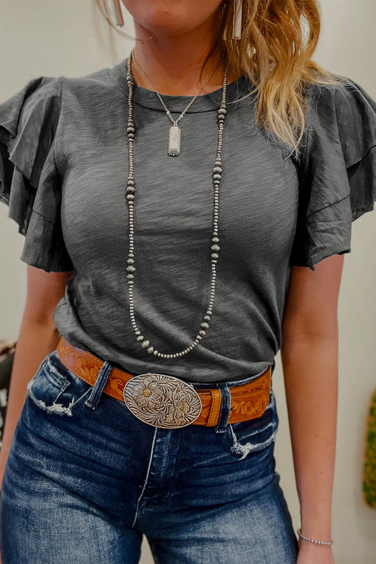 Dark Grey Ruffle Sleeve Tee Casual Summer Top